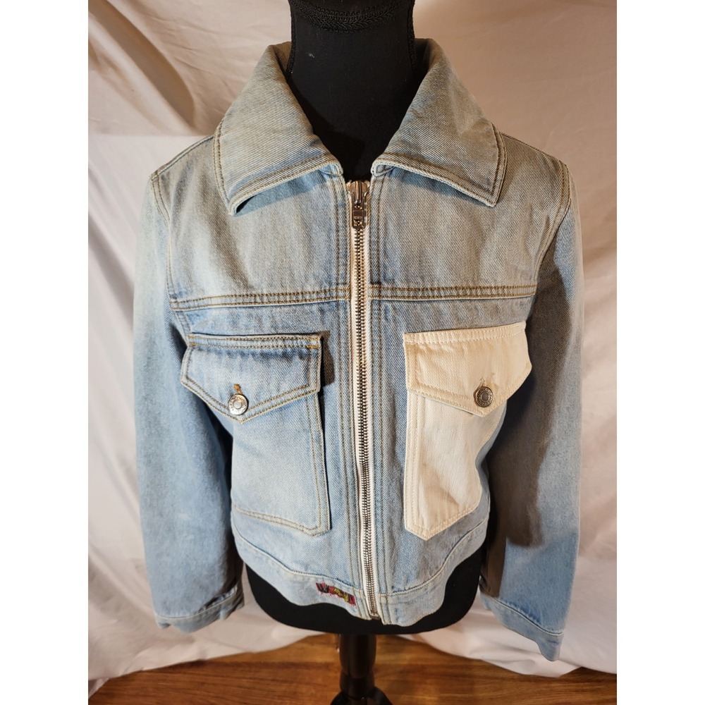 Kenzo Blue Logo Embroidered Rose Denim Zip Front Cropped Jacket Small